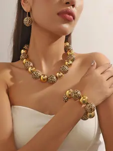 Leopard Print Ball Jewelry Set for Women, Bold Gold & Leopard Beaded Necklace, Drop Earrings & Stretch Bracelet, 3Pcs Statement Jewelry Set, Perfect for Party, Club, Date Night, Casual & Formal Occasions, Ideal Gift for Her, Fashion Jewelry Set