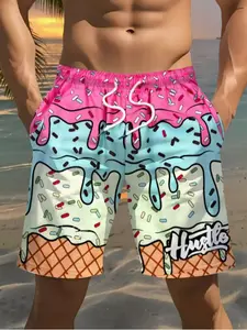 Men's Vibrant Ice 3D Print Beach Shorts, Lightweight Polyester Drawstring Waist Casual Shorts, Summer Golf Fishing Basketball Camping Gym Swimwear, Swimming Trunks