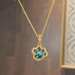 Gold Tone Blue CZ Cat Paw Pendant Necklace, Summer Limited Sparkling Dainty Clavicle Chain, Fashion Jewelry for Women