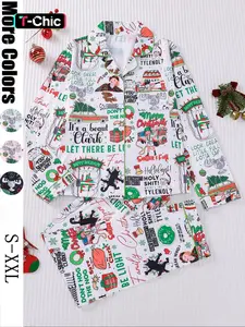 【Christmas Pajamas】It's A Beaut Clark Christmas Women's Set, Long Sleeve Button Front Top & Elastic Pants, Soft Comfortable Holiday Sleepwear & Loungewear for Women