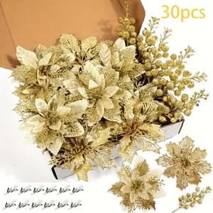 30pcs FEPK Artificial Holly Berry Garland & Stems Christmas Tree Decorations Set with Golden & Red Berries, Pine Cones, Poinsettia Flowers, Faux Snowy Branches - All-Weather Plastic / Holiday Table Centerpiece, Wreath Making, Decorative Flowers Ornaments