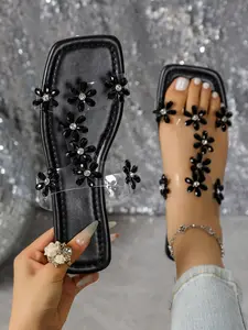 Women's Fashionable Floral Decorated Slide Sandals, Casual Comfortable Flat Sandals for Beach, Fashionable Shoes for Daily Wear