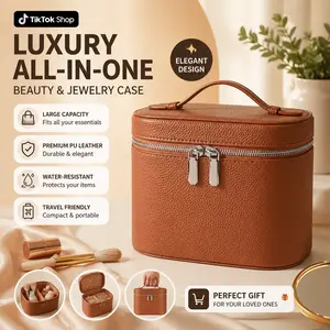 Travel Makeup Bag Women Large Capacity – Portable Cosmetic Organizer with Removable Divider – Waterproof PU Toiletry Case Compact Vanity Storage