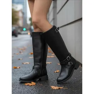 New Women's Straight-Leg Long Knee Boots, Fashionable Comfortable Low Heel Buckle Design, High-Top Motorcycle Boots for Fall Winter Daily Wear
