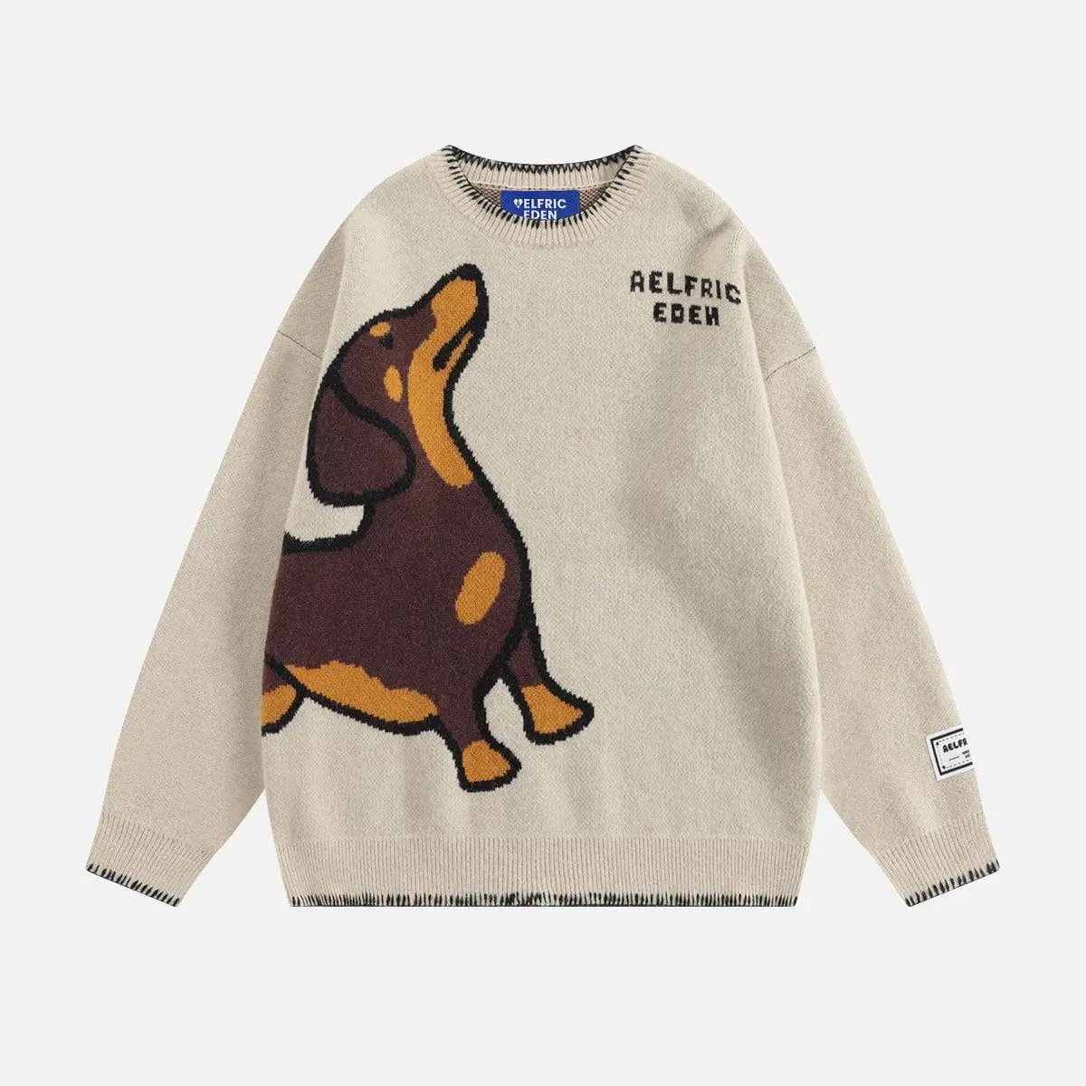 Aelfric Eden Men's Crafted Knit Pullover - Cute Trendy Clothes, Hand-Drawn Dachshund Jacquard, Unisex Oversized Soft Crew Neck, Knotted Detail, Casual Warm Streetwear Nylon Casual Knitwear Detailed Men's Pullover