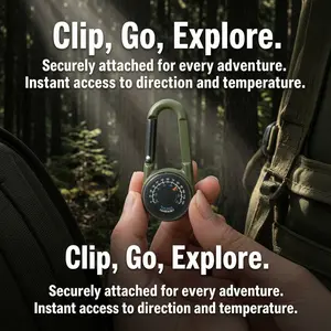 Outdoor D‑Shape Carabiner with Compass & Thermometer, Portable Survival Gear Keychain Hook for Camping Hiking Backpacking Emergency UseCompasses, Lightweight, Durable Tools for keychain