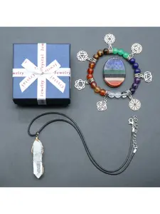 Natural Crystal Chakra Set: Colorful Bracelet, White Crystal Raw Stone Wire-Wrapped Pendant, Colorful Stone Ornament