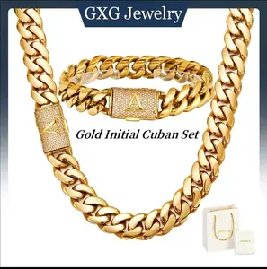 Gold Stainless Steel Cuban Link	 Necklace & Bracelet Set for Men,14mm Thick Miami Cuban Chain With A-Z Zircon Initial Letter Clasp, Vintage Hip Hop Punk Gothic Style, Luxury Non Fade Golden Matching Jewelry Set, Trendy Daily Wear Gift For Guys summerwins