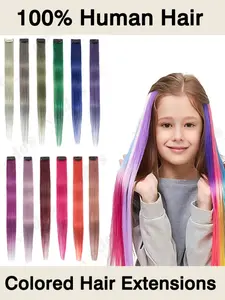 Colored Hair Extensions 16Inch Straight Color Clip in on Hair Extension Rainbow Party Highlights Human Hairpiece for Girls and Women