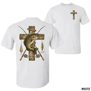 Christian Fishing T-Shirt – Bass Fish Cross Graphic Tee, Rustic Faith Fishing Shirt with Rod and Lure Design, Outdoor Angler Apparel, Country Fisherman Gift Top for Men and Women