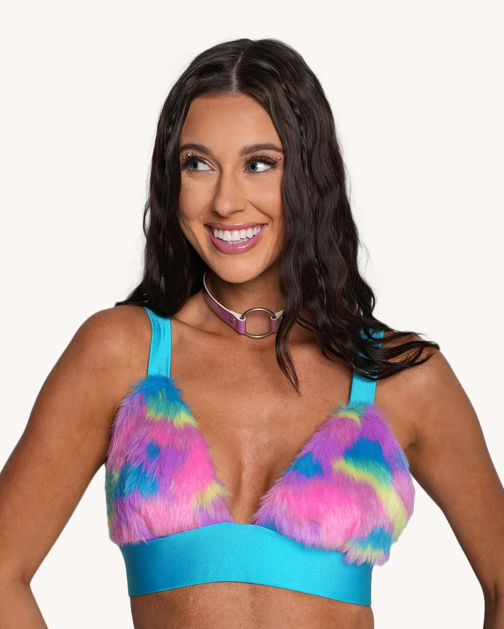 iHeartRaves x Pixxie Stixx Candy Swirl Fur Bra Top & Gloves, Women's Kandi Look Rave Fashion Accessories with an Adjustable Fit, Cotton, Matching, Light, Straps, Festival Wear, Kandi Wear, Swirled Colors, Customizable Fit, Includes Gloves