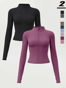Women's High Elastic Stand Collar Thumb Hole Slim Fit Yoga Top, Breathable Long Sleeve Running Jacket, Spring & Fall Sportswear, S-Xxxl Sizes, High Elasticity Jacket