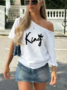 King Letter Print One-Shoulder T-Shirt - Casual Loose Summer Short Sleeve, Easy Care & Comfortable, Versatile Daily Top