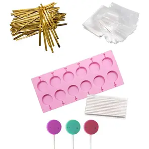 Silicone lollipop molds (capacity: 12), chocolate hard candy mold, includes 50 pcs 4-inch lollipop suction sticks, candy treat bags, gold ties, round, pink