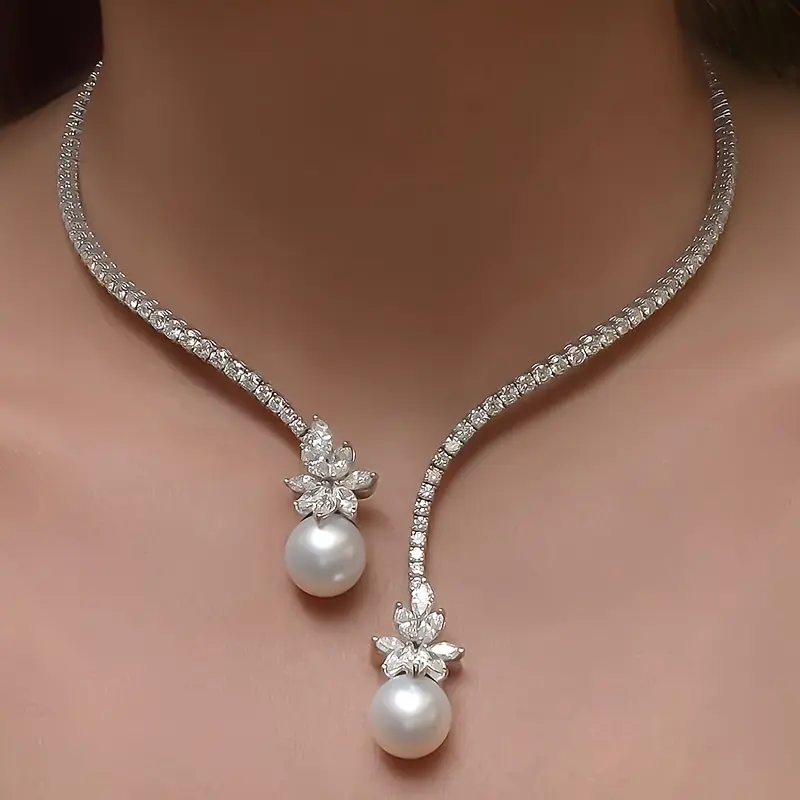 Women's 2-Piece Silver-Plated Formal Bridal Jewelry Set - Female Moissanite Cluster Necklaces, Pearl Accents Earrings, Copper Base Metal Coating, for Western Wedding, Banquet