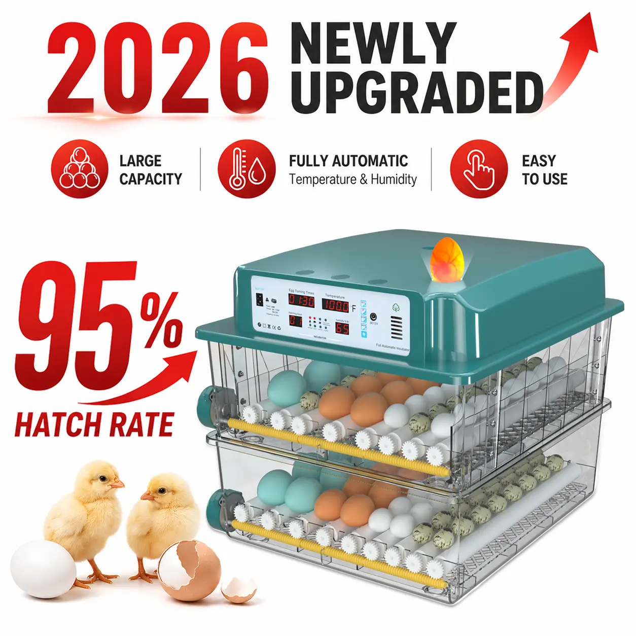 【DealsForYouDays】Fully Automatic 120-Egg Incubator — Upgraded Poultry Incubator featuring Automatic Water Refill, Temperature and Humidity Control, Automatic Egg Turning, and Egg Candling Functions.