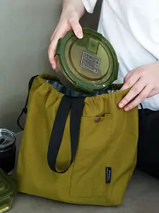 New Waterproof Lunch Box Bag, Large Capacity Dual-Layer Student Bento Bag, Pure Color Handheld Drawstring Design, Ideal for Work and School, Reusable Lunch Bag