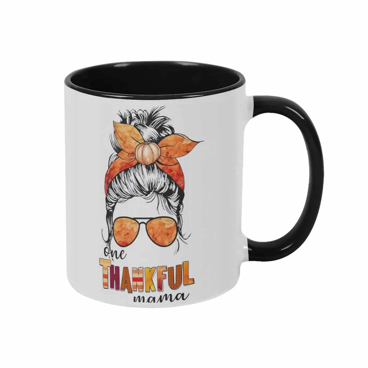Thankful Mama Messy Bun Pumpkin Autumn Leaves Mug 11oz/15oz with Vibrant Fall Fashion Print Durable Ceramic Construction Perfect for Cozy Morning Coffee Office Desk Decor Thanksgiving Holiday Gift