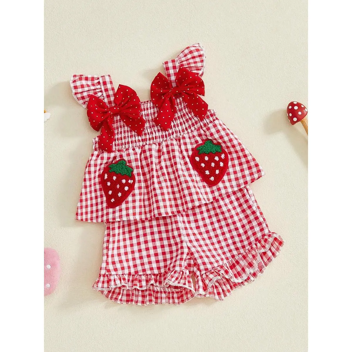 Toddler Girl's 2-Piece Clothing Set, Cute Strawberry Embroidered Plaid Summer Outfit with a Bow Strap Tank Top and Ruffled Shorts, Baby Clothing, Clothes, Bow Accents, Ruffles, Polyester, 1 * Set(1 * Tops, 1 * Pair Of Shorts)
