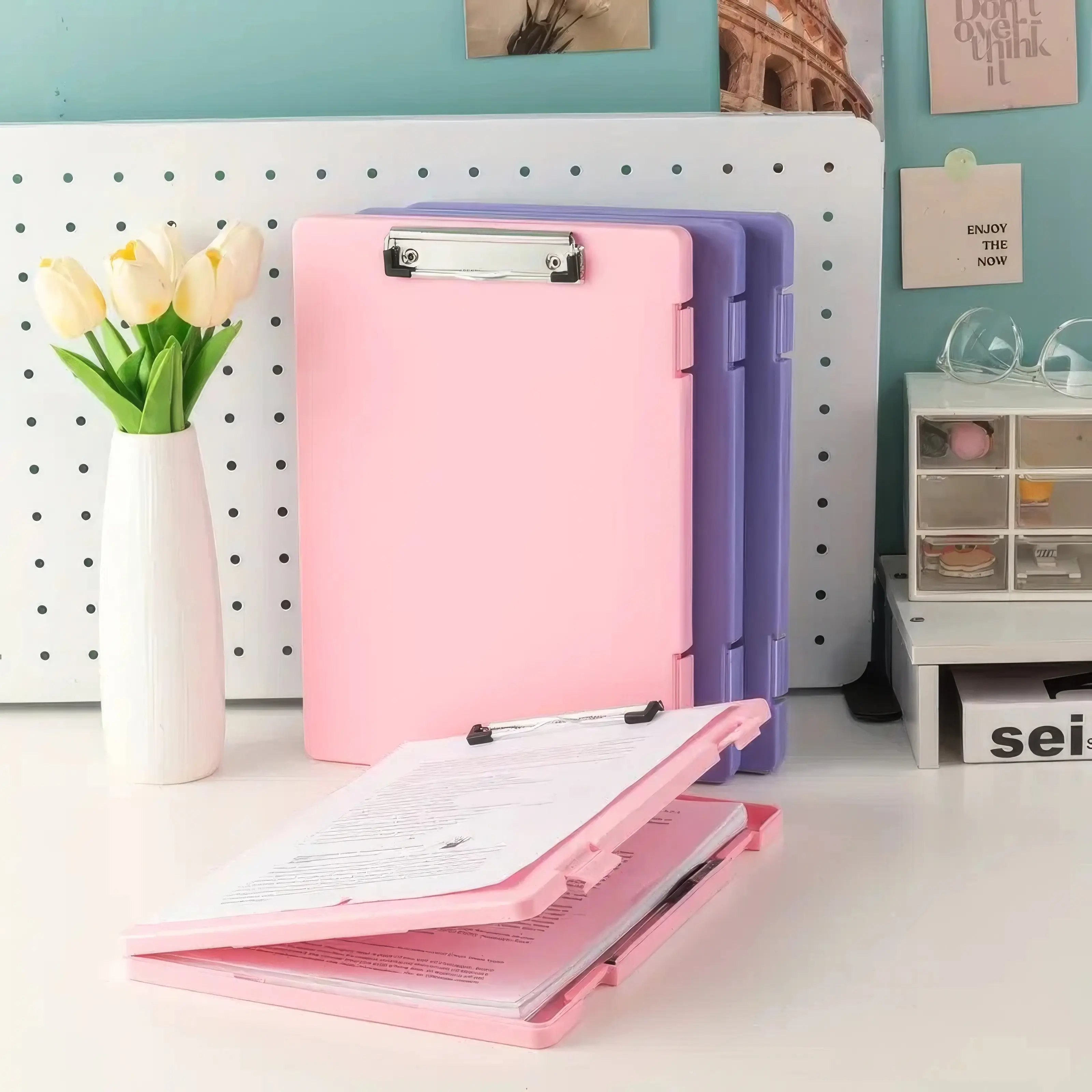Pink Folder Organizer Box - Sturdy Expandable Important Document Folder, Cute Design Paperwork Organizer for Home Office, Collapsible Desktop File Holder for Papers Magazines, Cute School Supplies