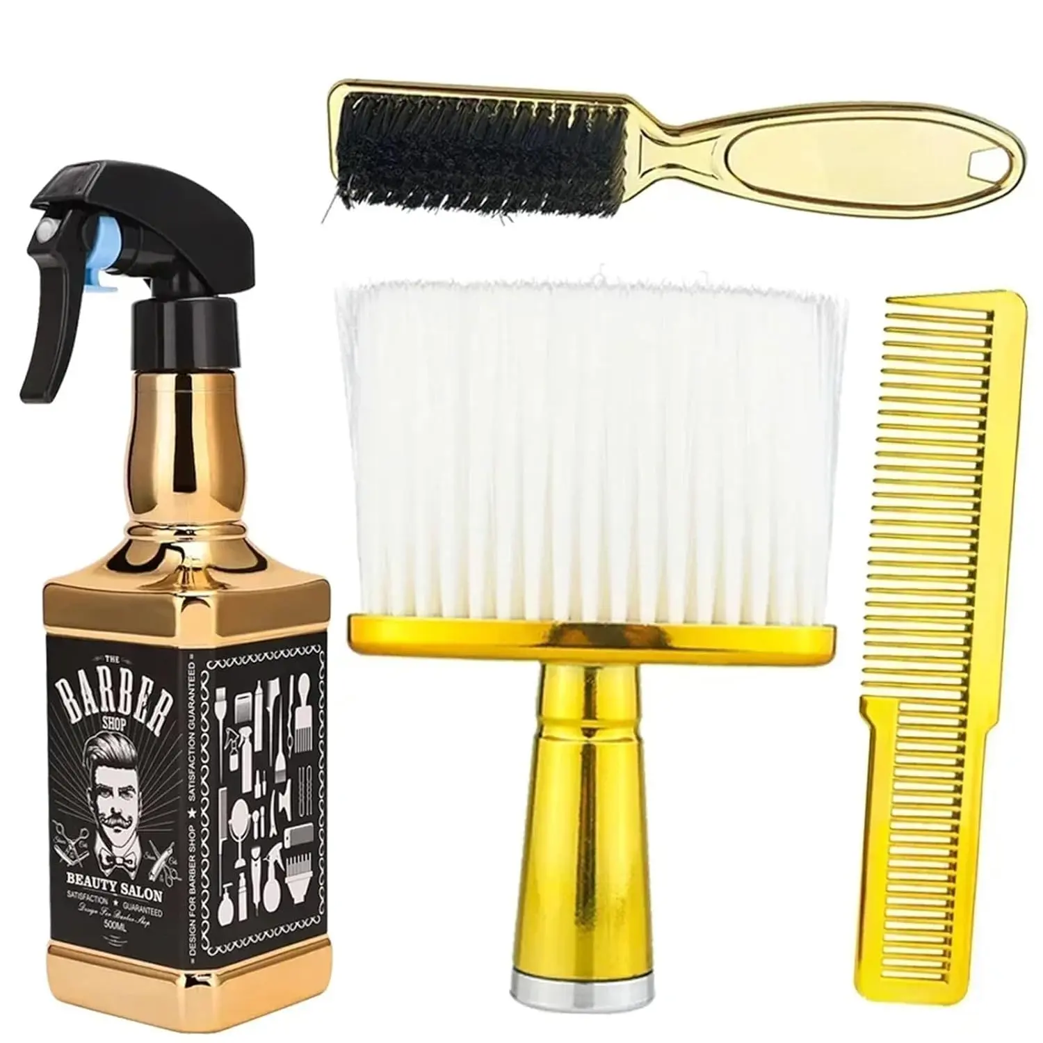 Hairdressing Styling Tools Set, 4 Pieces Including Spray Bottle, Barber Brush, Neck Duster, Hair Cutting Comb for Salon and Home Use (Gold) Haircare Clipper curling iron Daily Handle Haircutting Kit