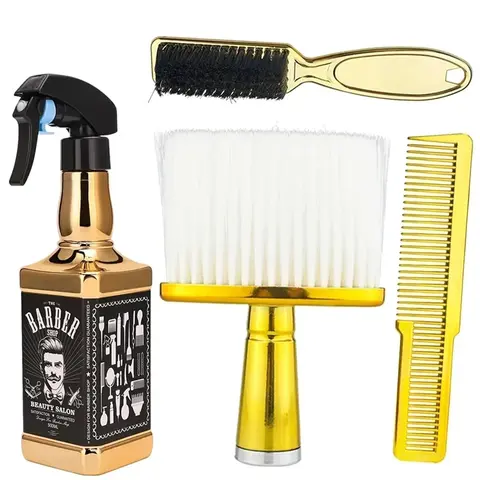 Gold Finish 4-Piece Hair Cutting Kit, Barber Equipment - Lightweight Heat-Resistant Plastic Clipper with Grooved Handle, Spray Bottle, Sturdy Anti-Static Brushes & Combs, Neck Duster for Clean Control (Salon & Home Use, Adults)