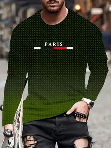 Men's Fashion Printed Mesh Breathable Long Sleeve T-Shirt, Casual Sporty Streetwear Fitted Round Neck Top, Paris Pattern, Gradient to, Polyester Fabric