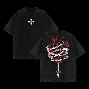 Retro Kurapika Vintage Washed T-Shirt – Hunter X Hunter Double Printed Anime Tee – Heavyweight Cotton Oversized Graphic Shirt, Dark Gothic Heart & Chain Design, Edgy Streetwear Manga Aesthetic Unisex Top Funny Streetwear Graphic Tee Z28 62Y