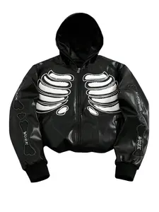 Men's Long Sleeve Gothic Skull Embroidery PU Zip Hoodie, Y2K Street Style, Emo Fashion, Casual Wear and Gift Option