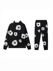 American Style Fall Winter Floral Print Hoodie, Unisex Fleece Lined Sweatshirt with Pockets, Casual Street Fashion for Teens