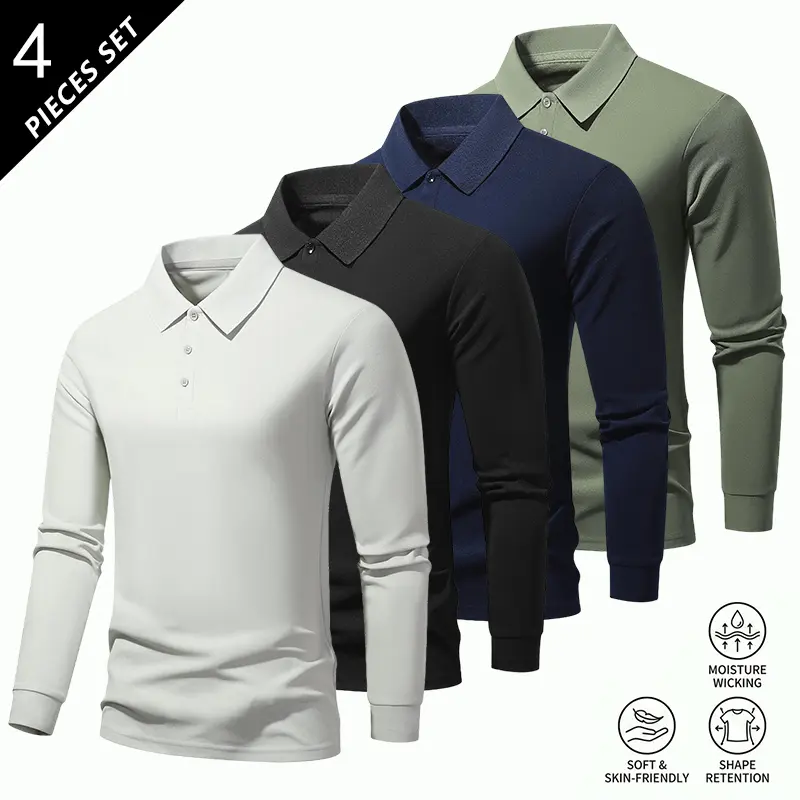 Men’s long-sleeve polo shirt, stylish and minimalist, versatile solid color with comfortable, breathable fabric—suitable for golf, ball games, running, outdoor sports and leisure, everyday wear; available in multiple colors.