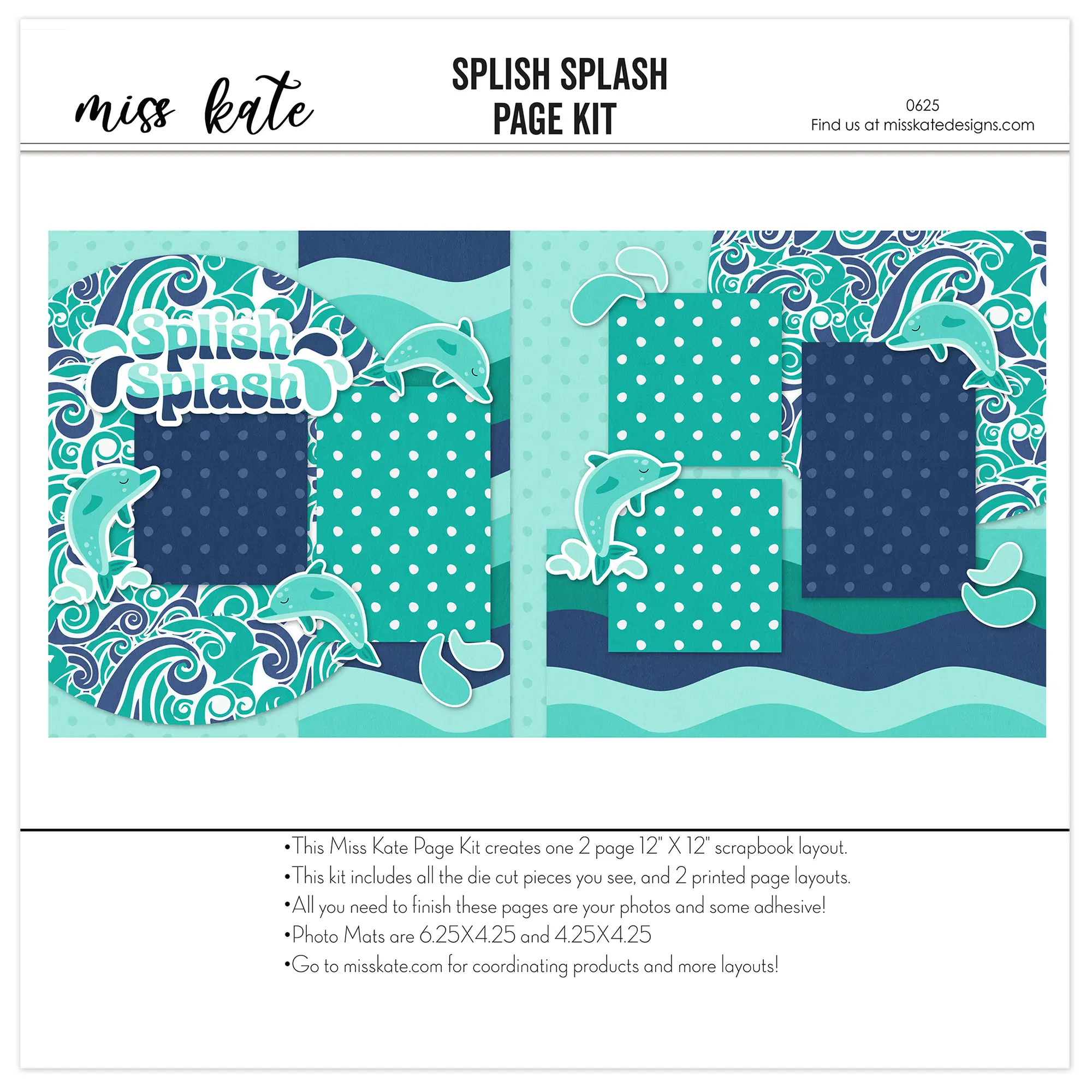 Splish Splash - 12x12 Scrapbook Page Kit – Dolphin Die Cuts, Teal Blue Layout, Wave Border Paper, Water Fun Album, Pool Scrapbook Kit | by Miss Kate Designs