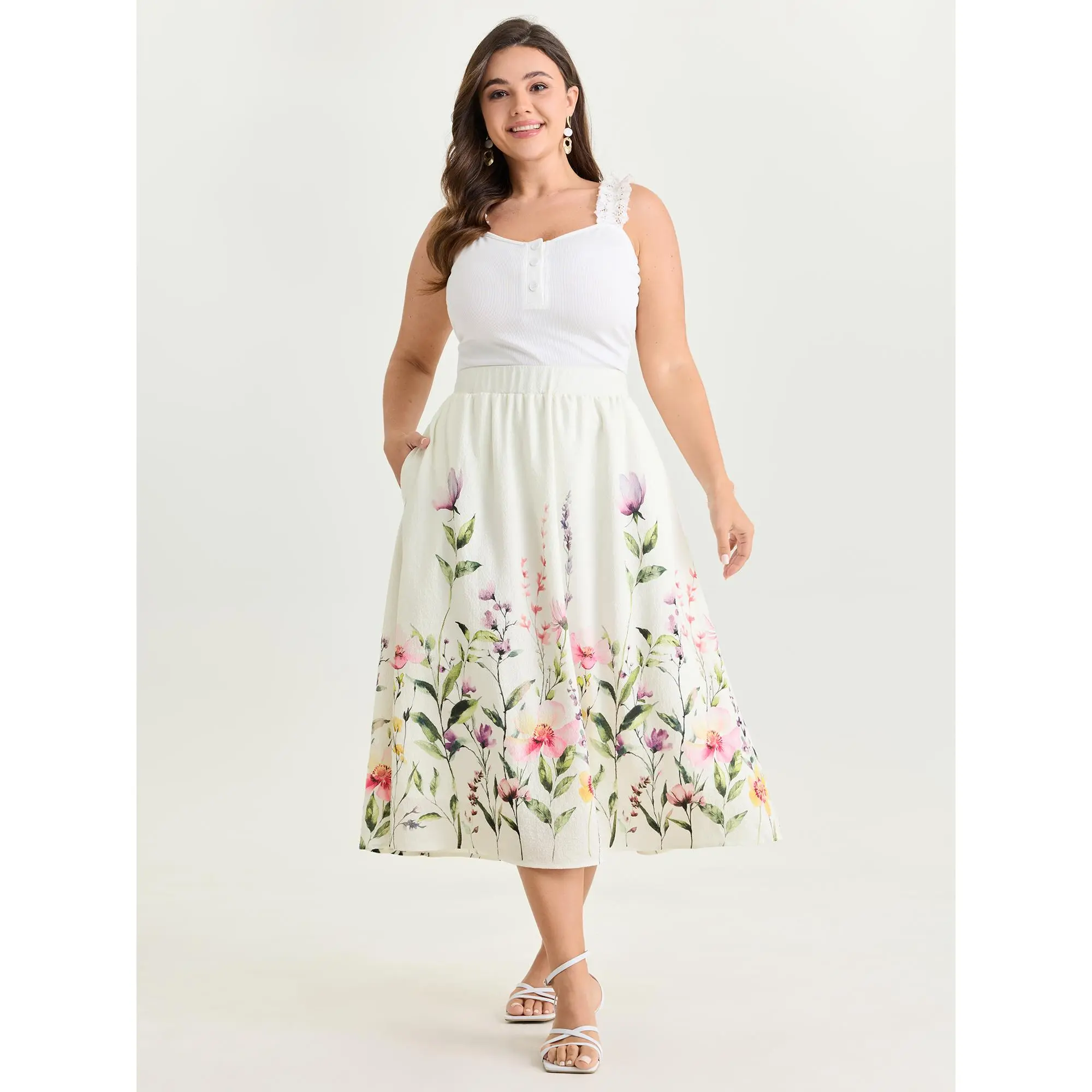 BLOOMCHIC Women's Plus Size Rayon Midi Skirt - Cute, Smooth Fabric Garment, Pocketed Bohemian In Bloom Print, Flowy Mid-Length Baggy Fit, [M-6X]Summerfinds