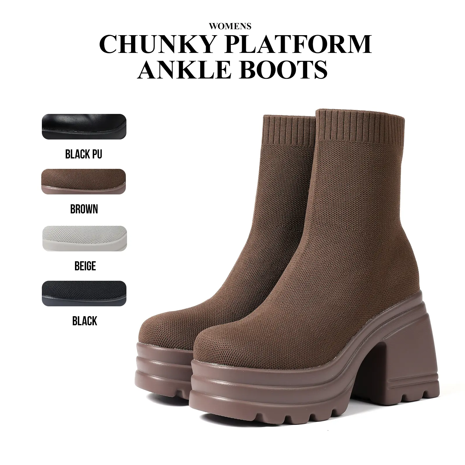 CYNLLIO Womens Platform Ankle Boots Chunky Block Heel Elegant Square Toe Thick Sole Pull on Fashionable High Heels Boots Modern Spring Booties Deals For You Days