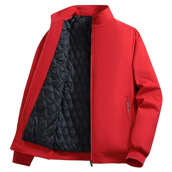 Men's Casual Red Quilted Cotton Jacket - Stand Collar, Full Zip Closure, Trendy Winter Layered Style, Versatile for Everyday Outdoor Wear(gift)