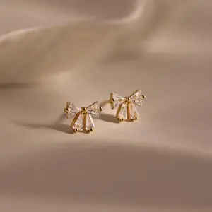 Diamond Bow Studs by Caitlyn Minimalist - Cute Coquette Bow Earrings - Dainty Cubic Zirconia Diamond Stud Earrings - Trendy Bow Jewelry for Women - Birthday Gift for Daughter