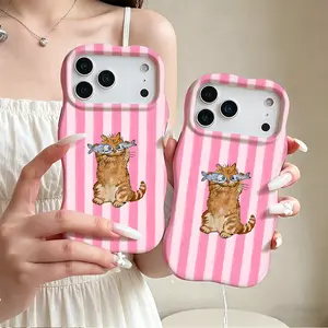 Cute Cat Tough Phone Case, Pink Striped & Checkered Design with Adorable Kitten Fish Illustration, Lightweight Slim Shock-Resistant TPU Layer, Gift for Cat Lovers