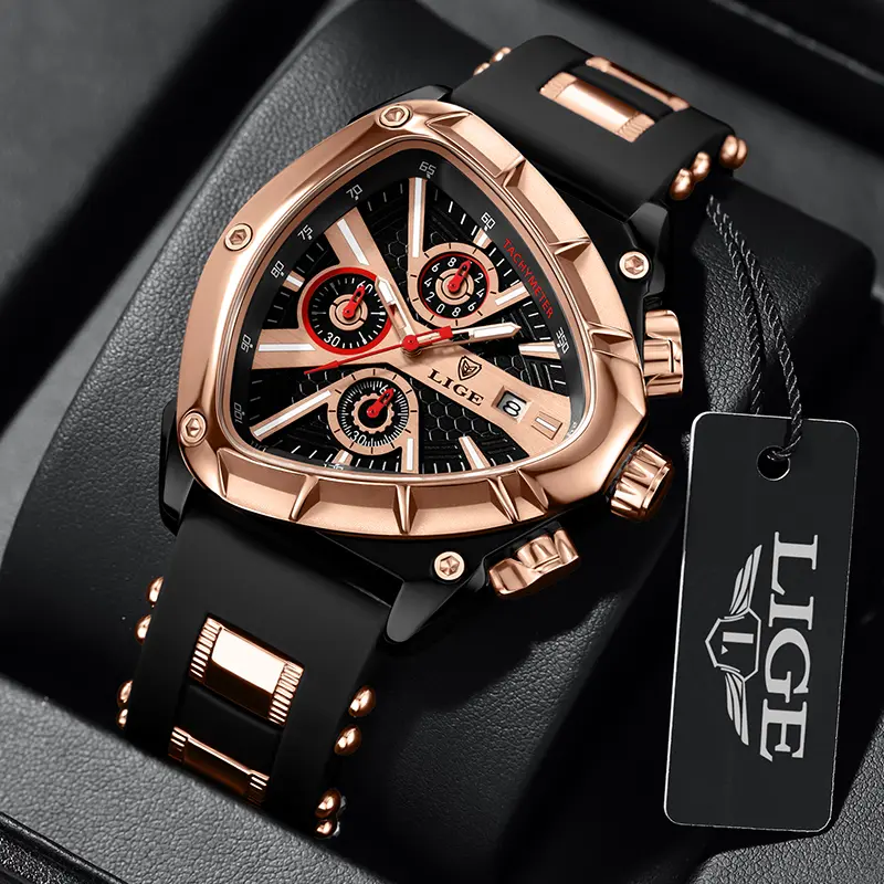 LIGE Men's Sport Quartz Watch - Waterproof Chronograph with Luminous Triangular Dial, Flexible Silicone Strap, Water