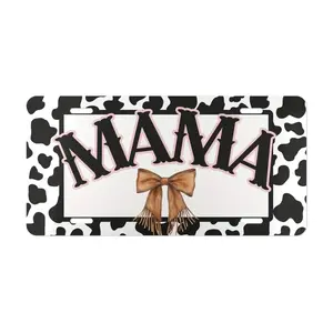 Cow Print "MAMA" Aluminum Vanity License Plate - 6x12 Inch Polished Metal Farm Life Truck Tag, Rustic Country Car Accessory with Pink Bow Design, Made in USA, Easy Install Gift for Her, Cow Car Accessories, Coquette Charm, Faderesistant Design