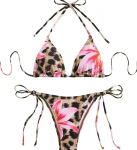 Women's Leopard Floral String Bikini Set – Sexy Pink Lily Print Triangle HZP