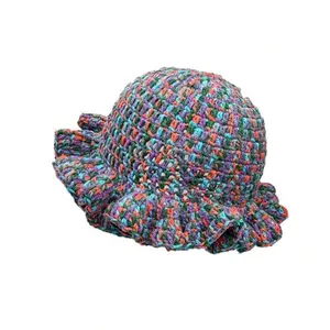 Colorful Crochet Hat with Ruffled Brim for Women's Fashionable Accessory