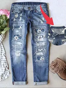 Ripped Boyfriend Jeans for Women Distressed Skinny Denim with Holes Plaid Patchwork Design Stretch Waistband Comfort Pants