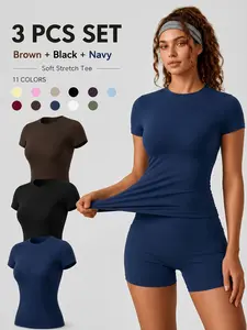 Women’s Short Sleeve Workout T Shirts Cooling Comfortable Breathable Buttery Soft Four Way Stretch Slim Fit Solid Color Crew Neck Yoga Tops for Gym Outdoor Running Moisture Wicking Quick Dry Daily Casual Versatile Fitness Tees