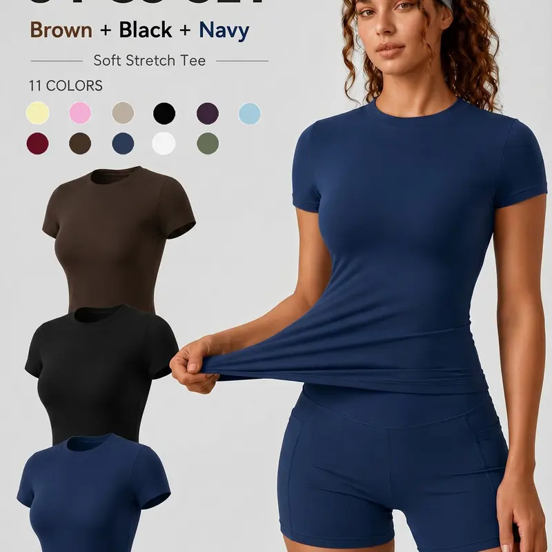 Women's Short-Sleeve Crew-Neck Solid-Color Workout T-Shirts, Buttery-Soft Four-Way Stretch Slim-Fit Yoga Tops, Activewear Tops, Cooling, Breathable, Moisture-Wicking and Quick-Dry for Gym Workouts and Outdoor Running