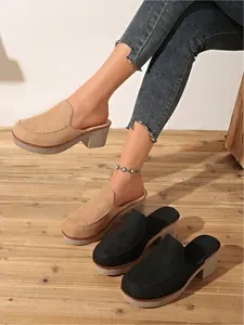 Women's Retro Thick Sole Mules, Suede Chunky Heel Closed-Toe Half Slides, American Western Casual Style Outdoor Sandals Walking Shoes