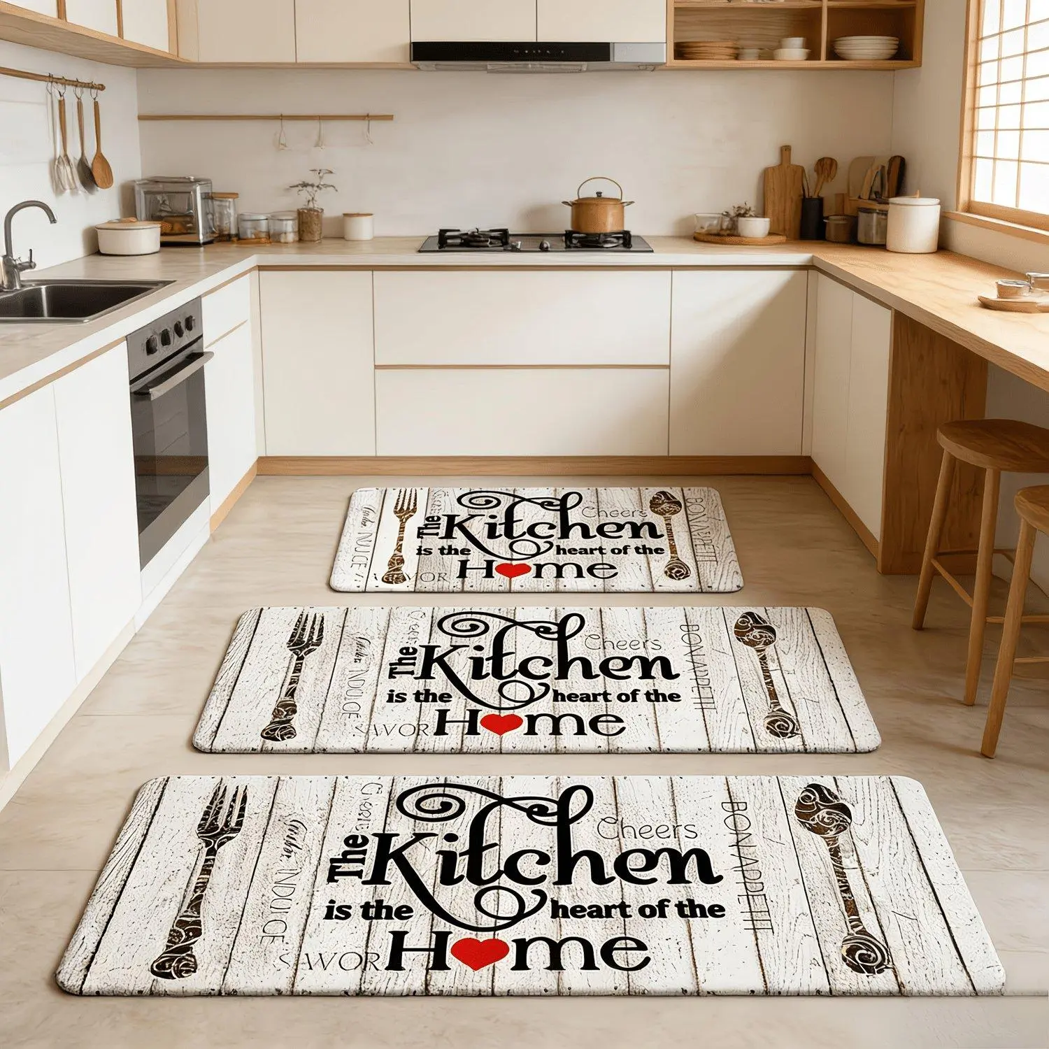 Farmhouse Kitchen Mat with Heart Pattern And Kitchen Letters, Suitable for Kitchen, Bedroom, Living Room, Bathroom, Laundry Room, Gifts for Friends And Family, Kitchen Accessories, Father's Day Gift