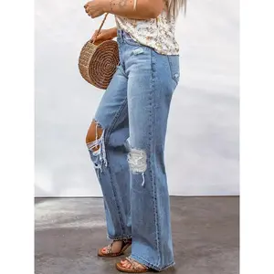 35711 Fashion street retro ripped loose straight mid-waisted women's mid-waisted denim trousers