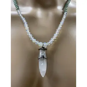23” clear Quartz Bullet Necklace Adorned With 6mm Opalite, Jade, & Malachite Beads