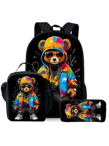 Lightweight Cartoon Bear Backpack Three-piece Set (Single-Layer Backpack + Shoulder Strap Lunch Bag + Single-Layer Pencil Bag) Casual School Bags with Zip Closure Adjustable Straps and Vibrant Print Design for Women and Men