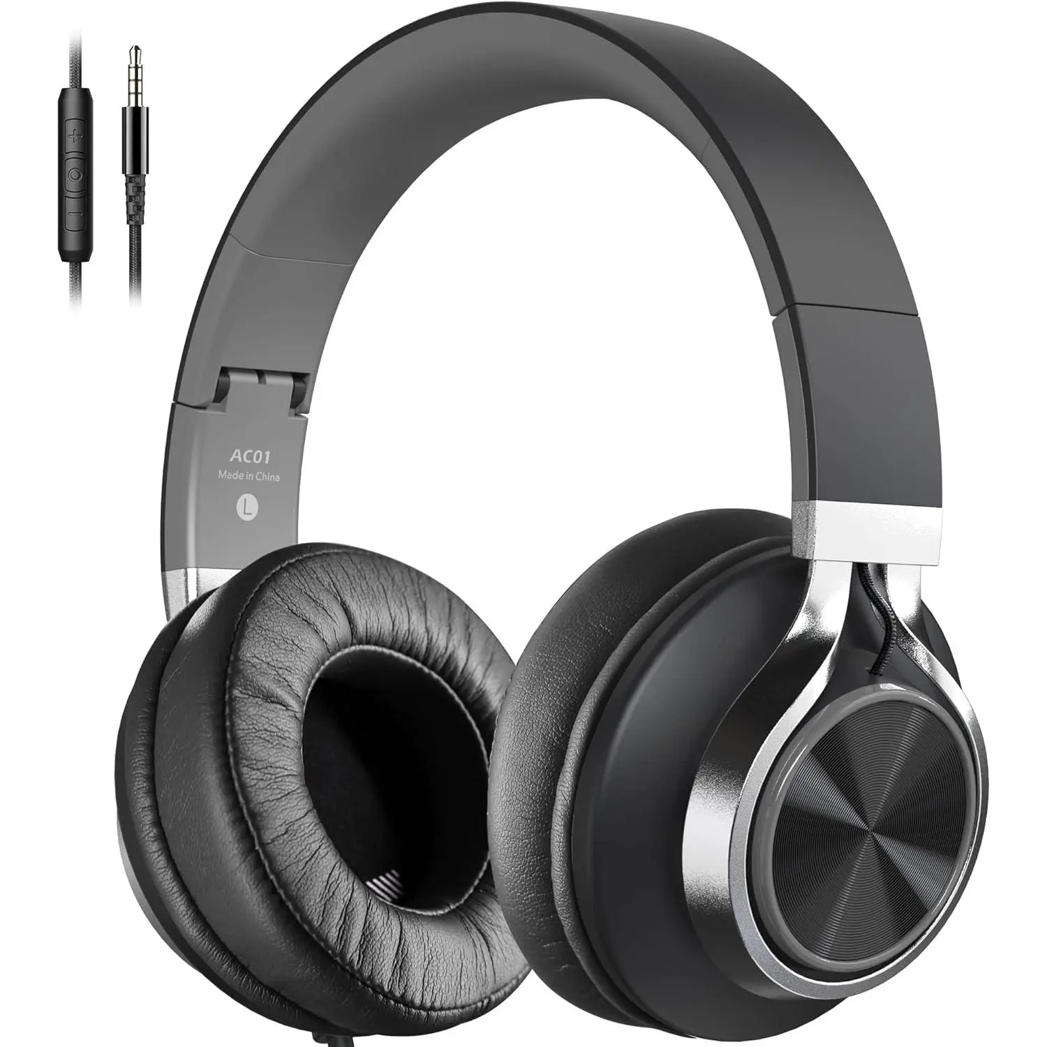Noise Blocking Over-Ear Headphones with Microphone - Wired Stereo Audio Isolation Earphones, 3.5mm Jack, Volume Control, Foldable for Commuting, Cellphones, Chromebooks (Black Grey), Noise Blocking Headphones, Over Ear Earphones